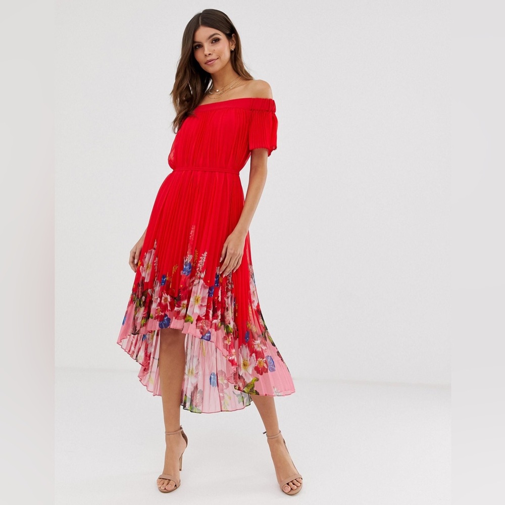 Ted Baker London Bardot Floral Off-the-shoulder Pleated High-low Dress